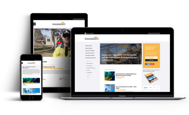 Screenshot von Miningscout (Relaunch eines Online-Magazins für Rohstoff-Anleger inklusive Branchenbuch.)