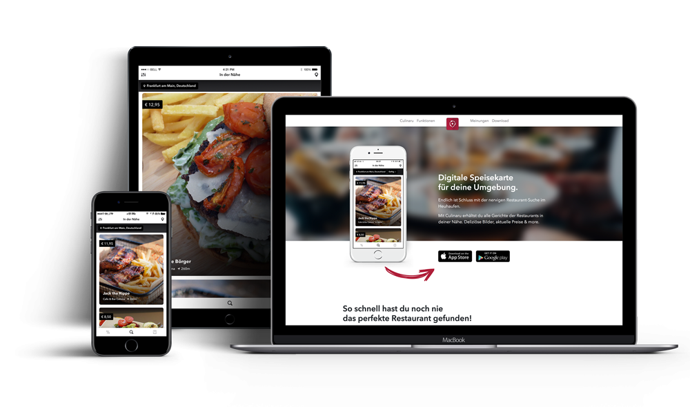 Screenshot von Culinaru Restaurant-App für iOS und Android inklusive Laravel-Backend, Self-Service-Portal und App-Landingpage