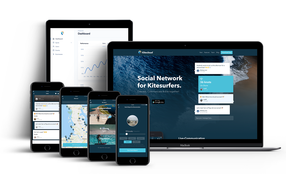Screenshot von Kitecloud Konzeption und Entwicklung eines App-Komplettpakets bestehend aus App für iOS und Android, API-Backend, Verwaltungsoberfläche und Webseite