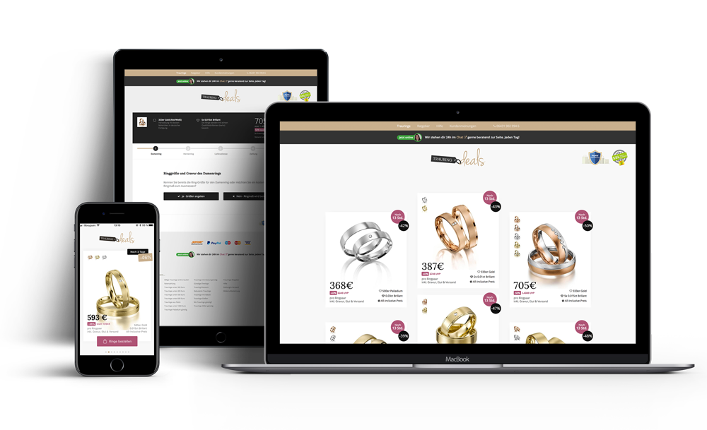 Screenshot von Trauringdeals Individuelle Shop-Lösung mit Verwaltungsoberfläche und Trauring-Konfigurator plus Shopping-App